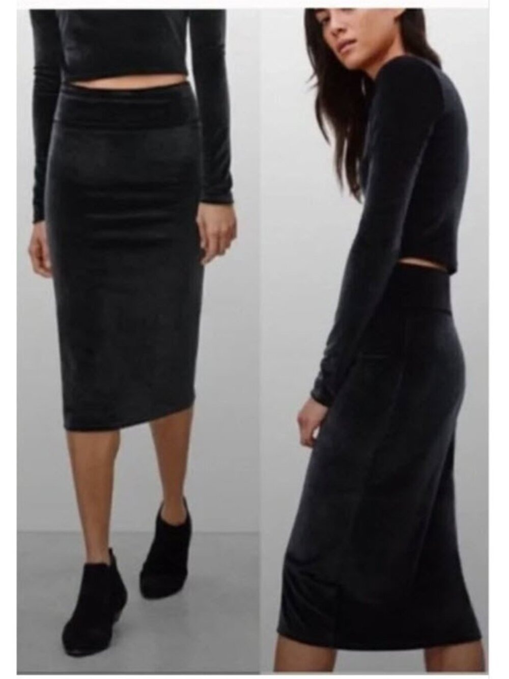 Aritzia Bela Black Velvet Midi Skirt Preppy Chic Casual Quiet Luxury Velour